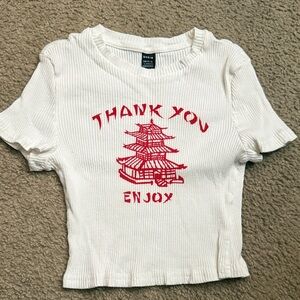 SHEIN Cream Tee with Red Pagoda Design